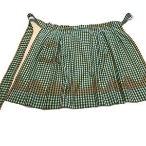 Vintage MCM totally hand stitched green gingham 1/2 apron orange hatch stitch